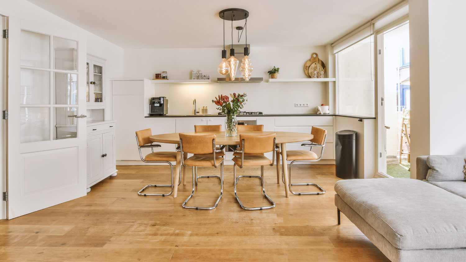Apartment interior with wooden furniture