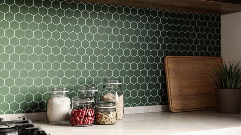 Green hexagon ceramic kitchen backsplash
