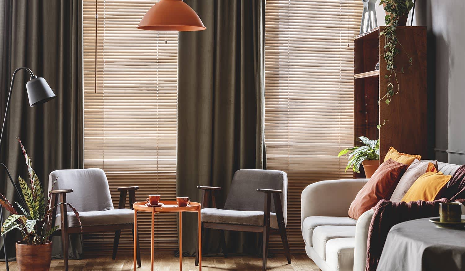 Dark retro living room interior with dark blinds