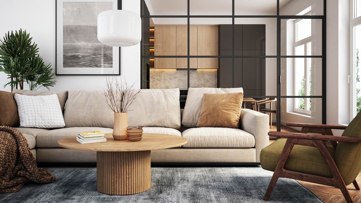 A modern scandinavian living room with comfy couch
