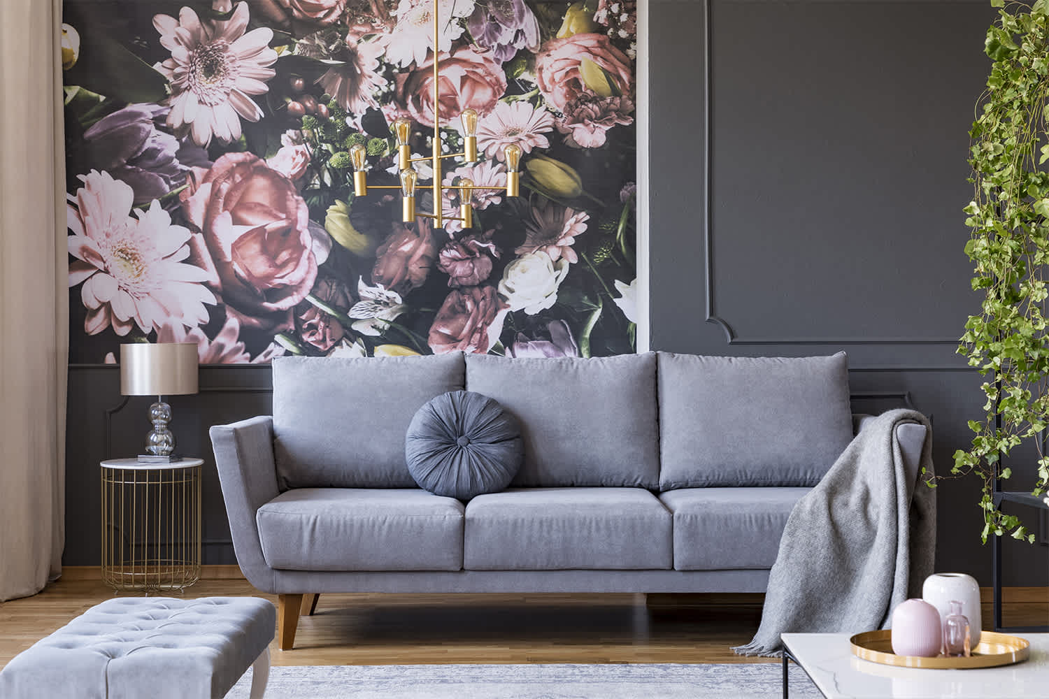 Designed sitting room with floral wallpaper