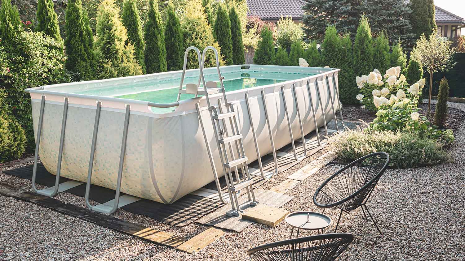 Above ground swimming pool in the yard