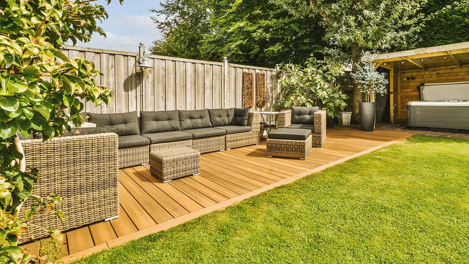 Outdoor sitting area with stained wooden deck