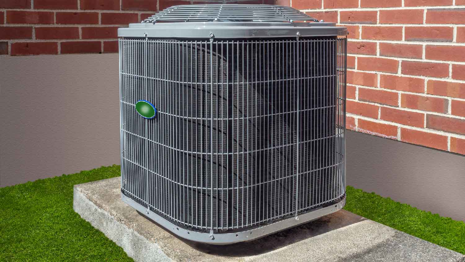 A HVAC unit outside a red brick house