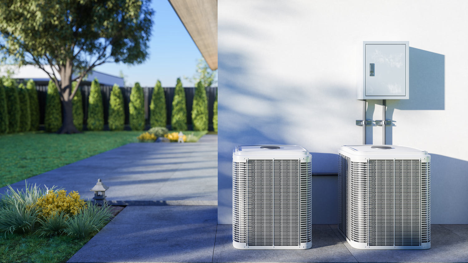 Close-up View Of Air Conditioning Outdoor Units In The Backyard