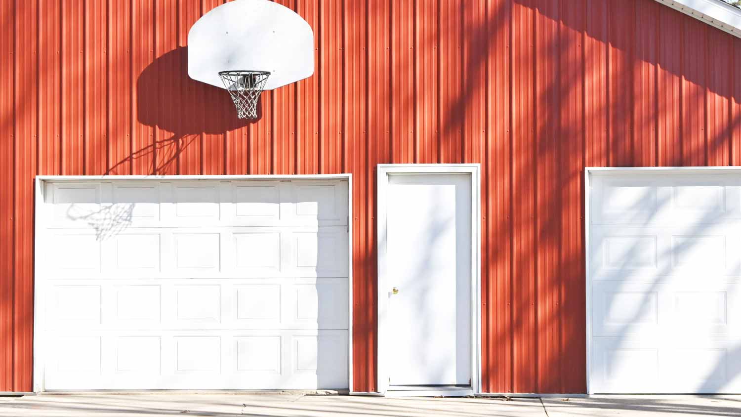 Basketball backboard on red building