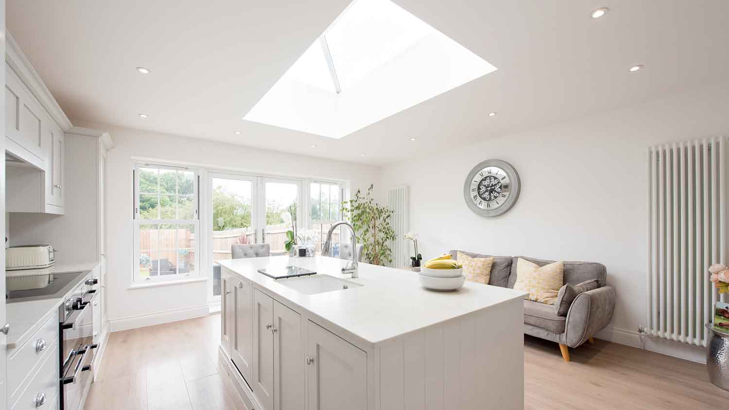 Skylight installed in a white modern kitchen
