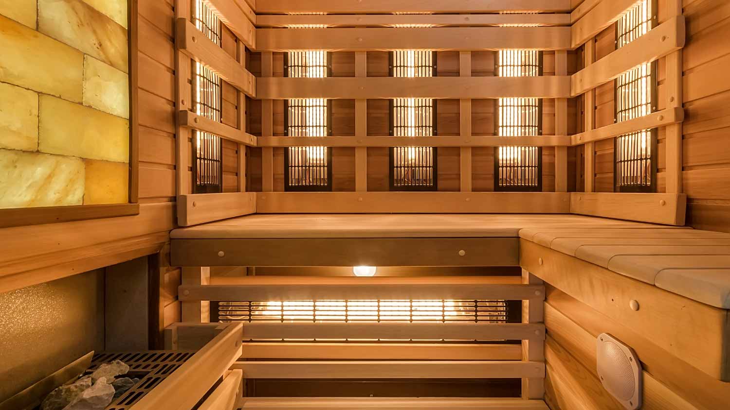 Interior of small wooden sauna