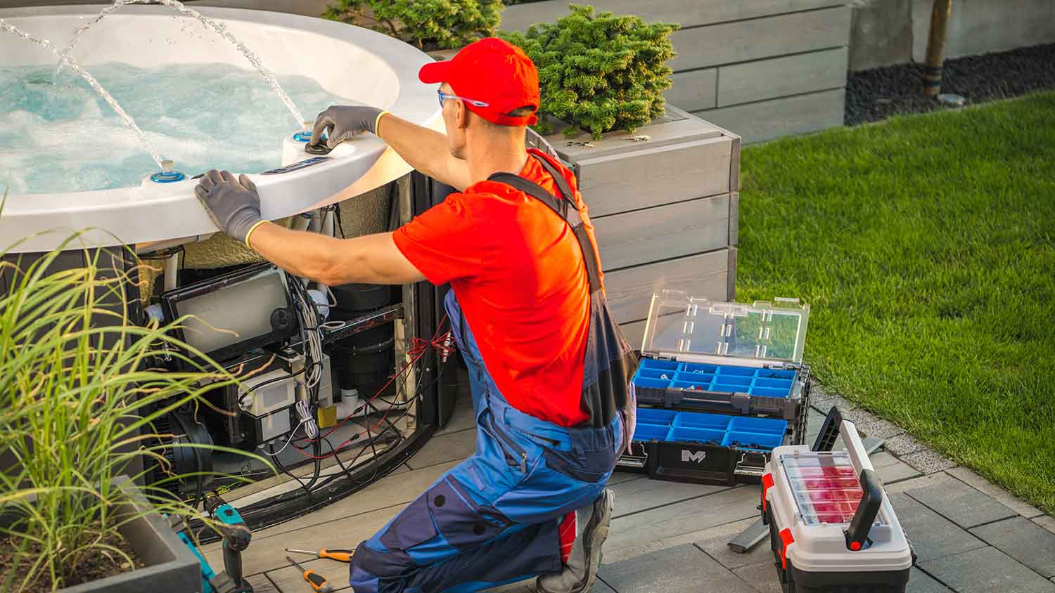Technician repairing hot tub jet