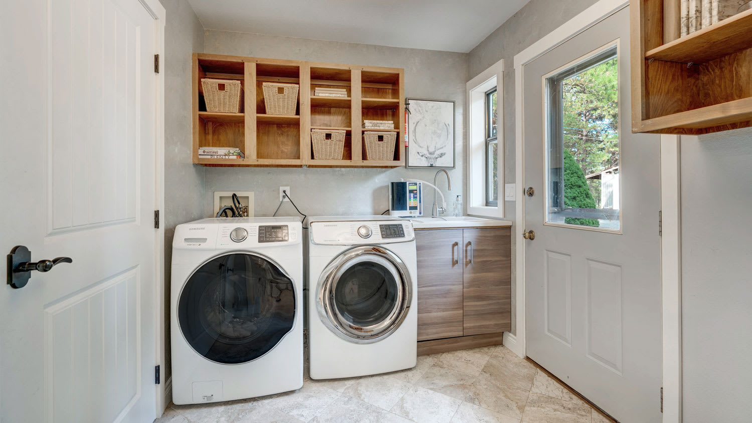 Washer and dryer with shelving and utility sink