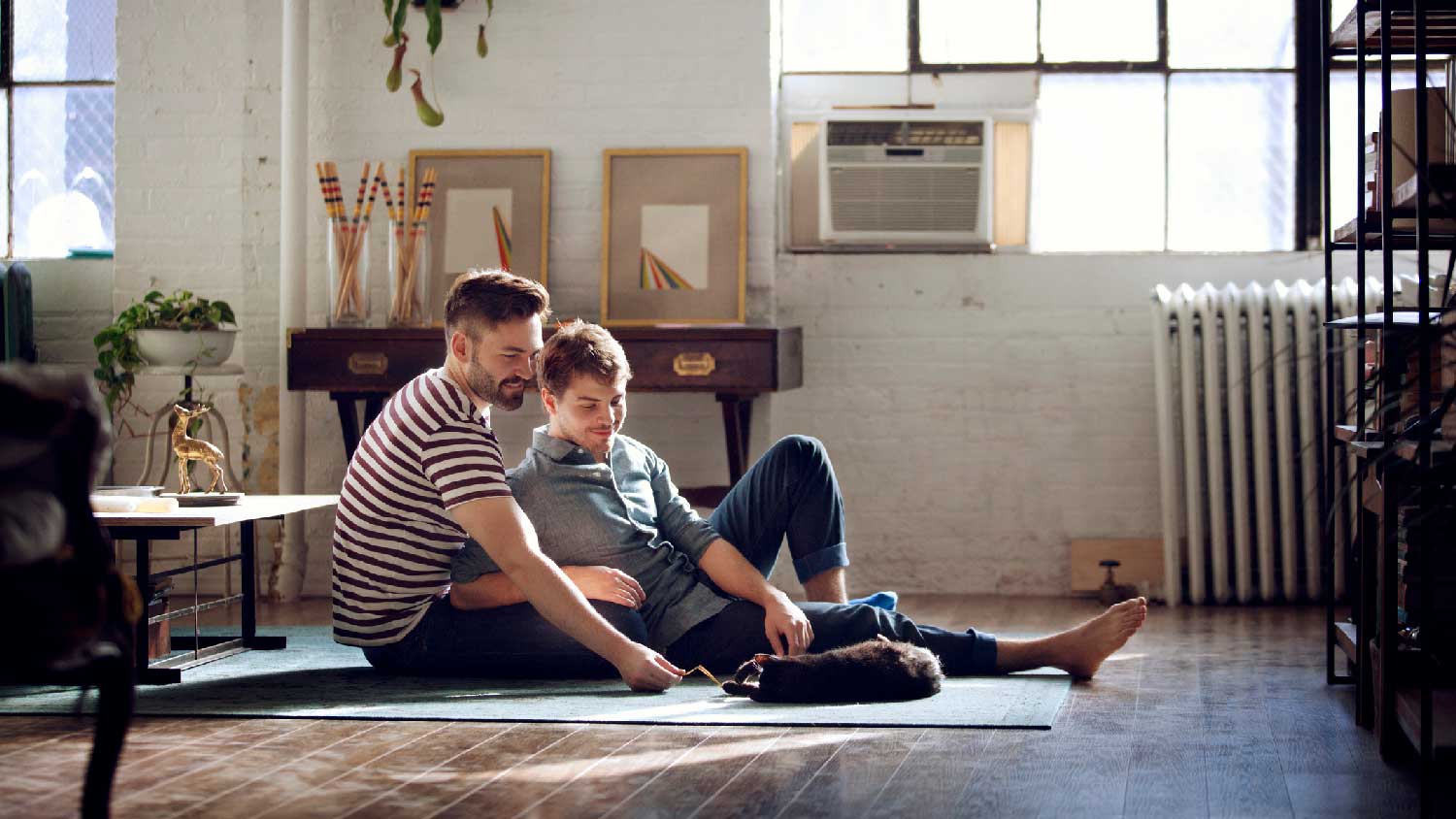 A couple playing with their cat in a living room with a window AC