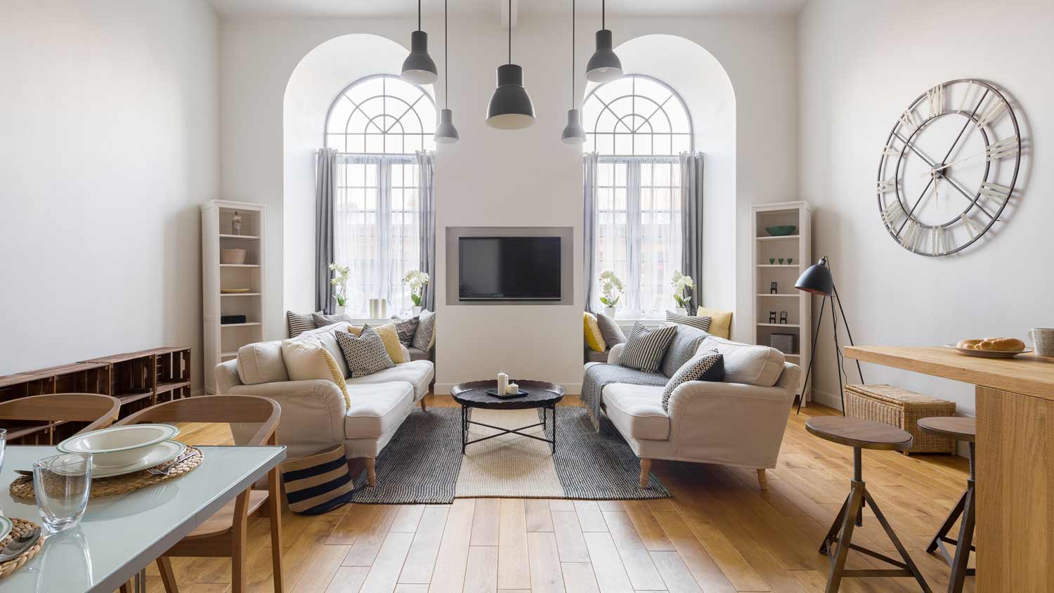 stylish living room with arched windows