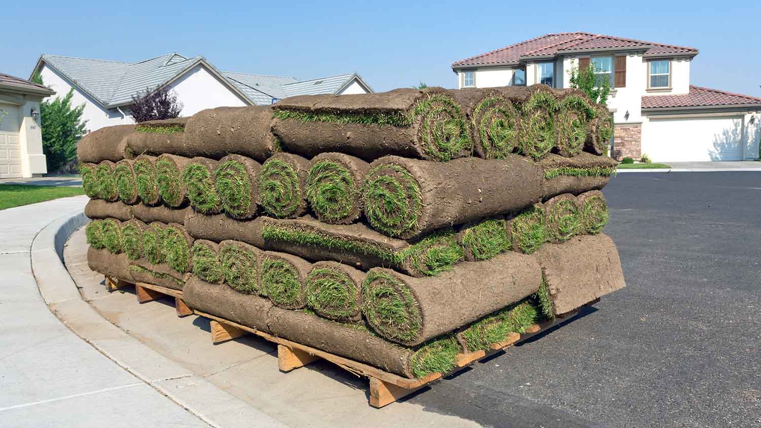 Pallets of sod sitting on the curve