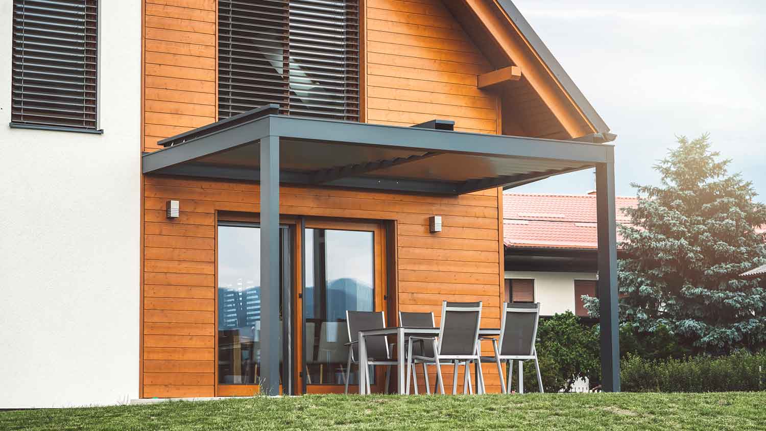 Patio of a modern house with engineered wood siding