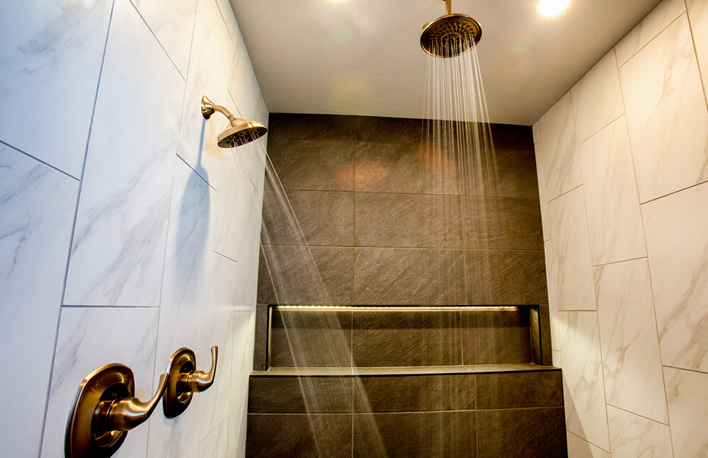 Luxury walk-in shower with multiple shower heads