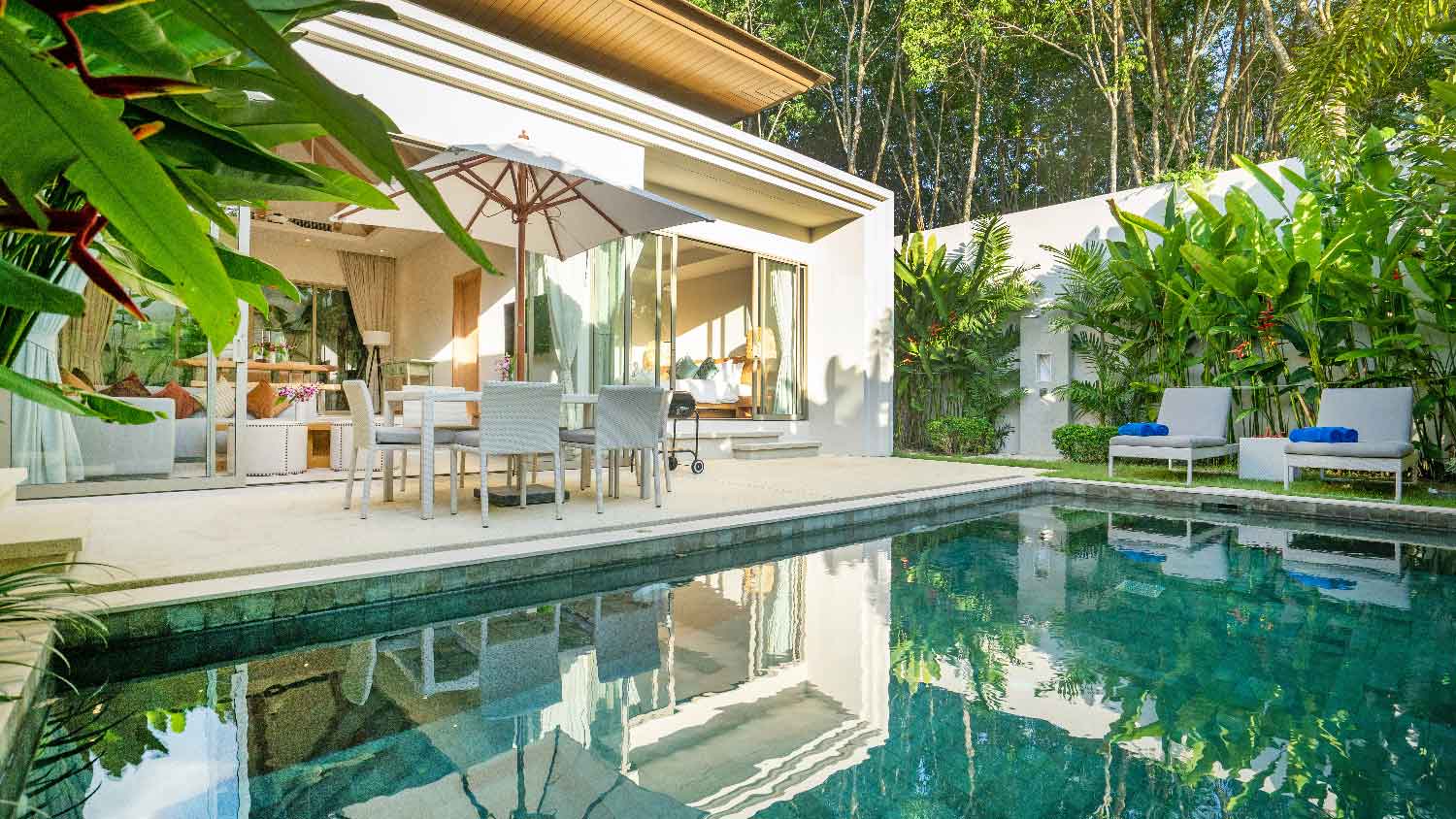 A gunite pool in a lush backyard