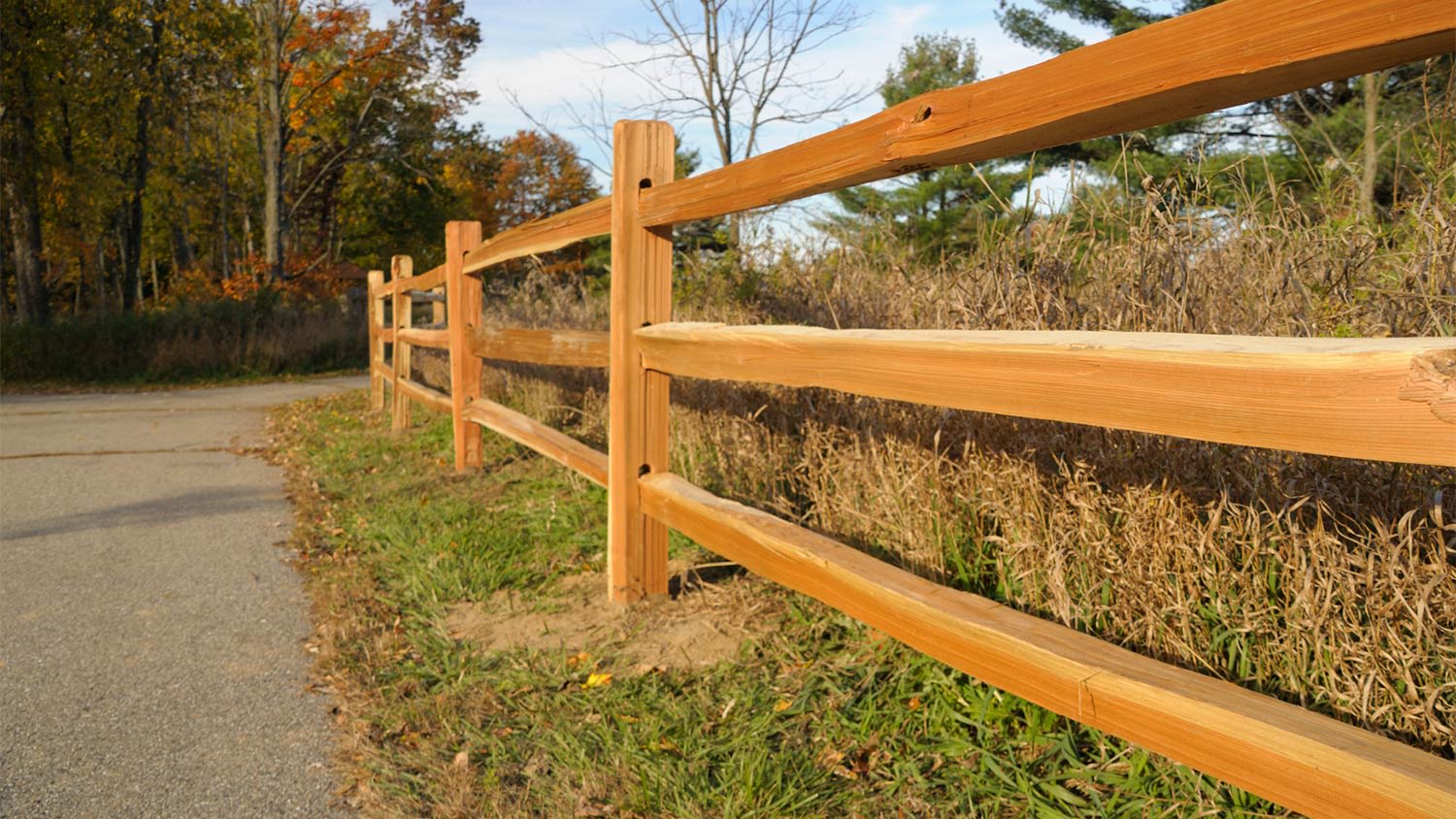 Wooden split rail fence on country road