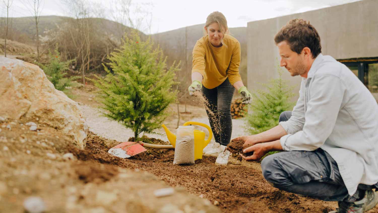 Couple planting seed of grass