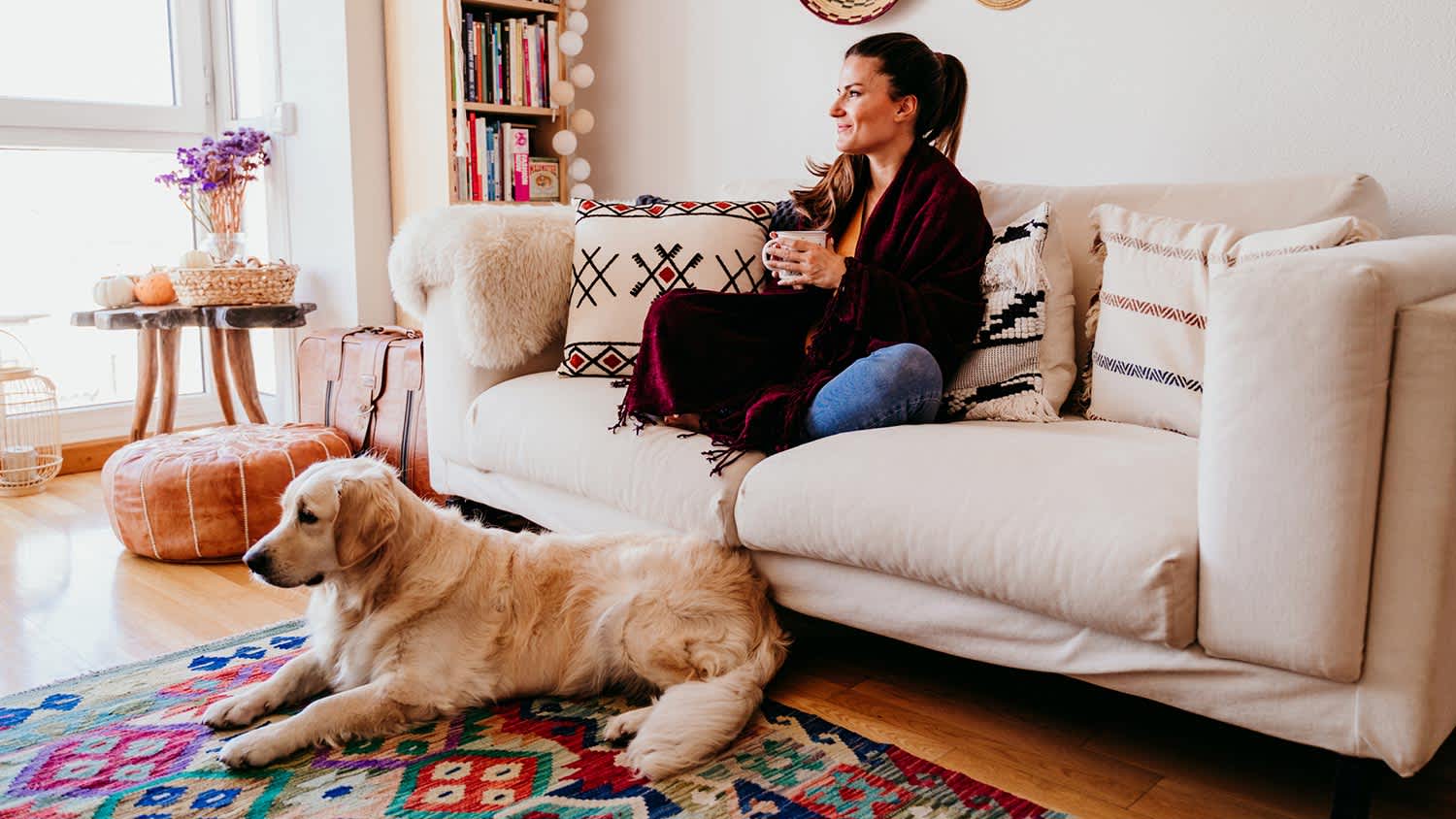 Cozy woman with dog on couch in a boho living room