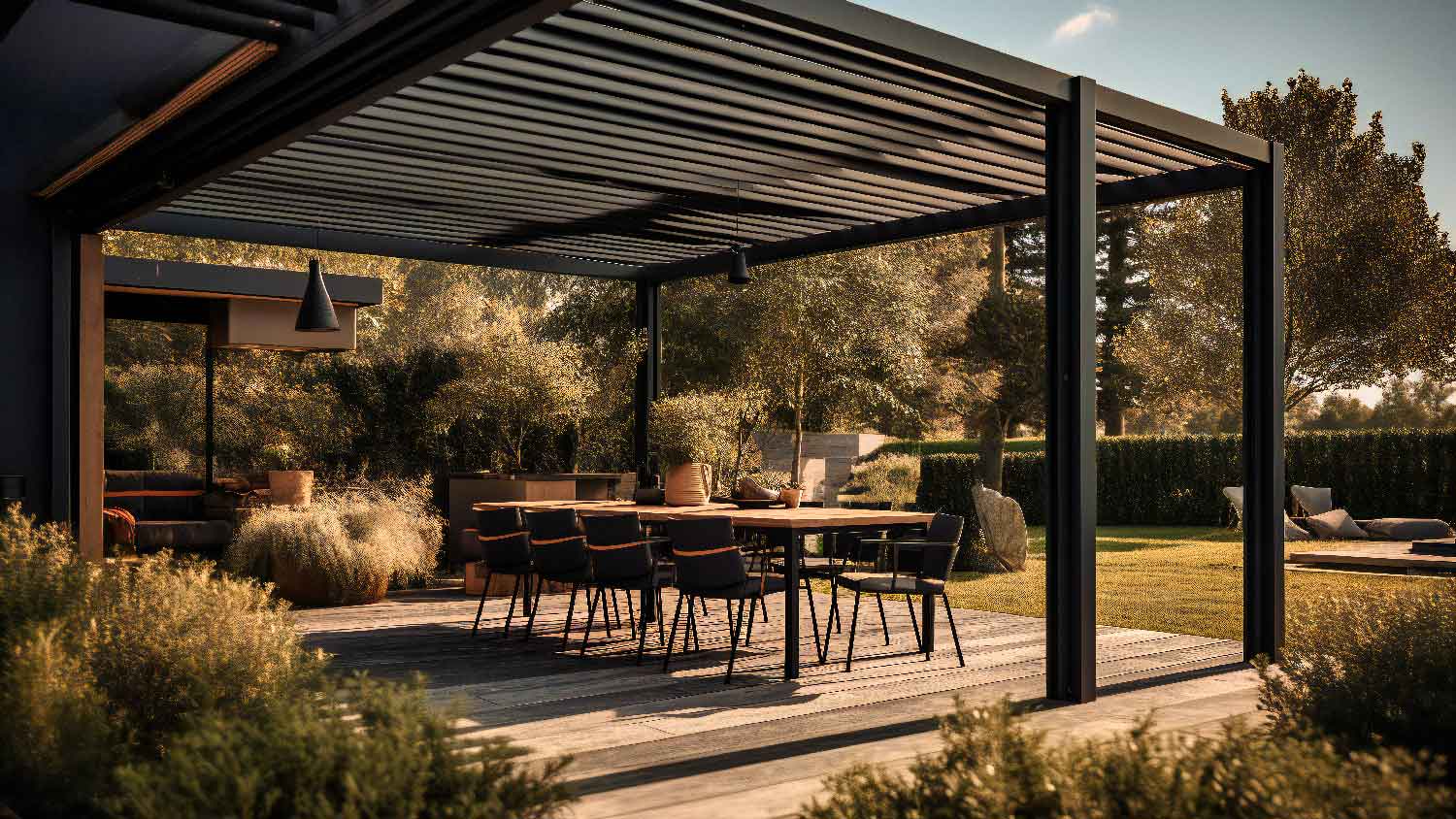 An outdoor smart pergola and a dining table