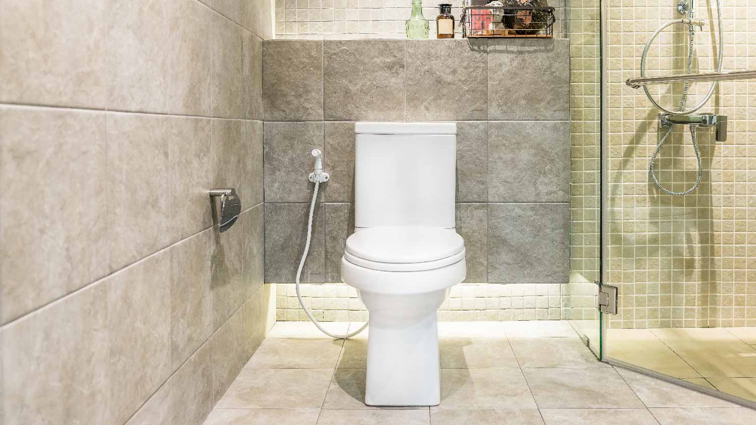 A toilet bathroom next to a shower stall