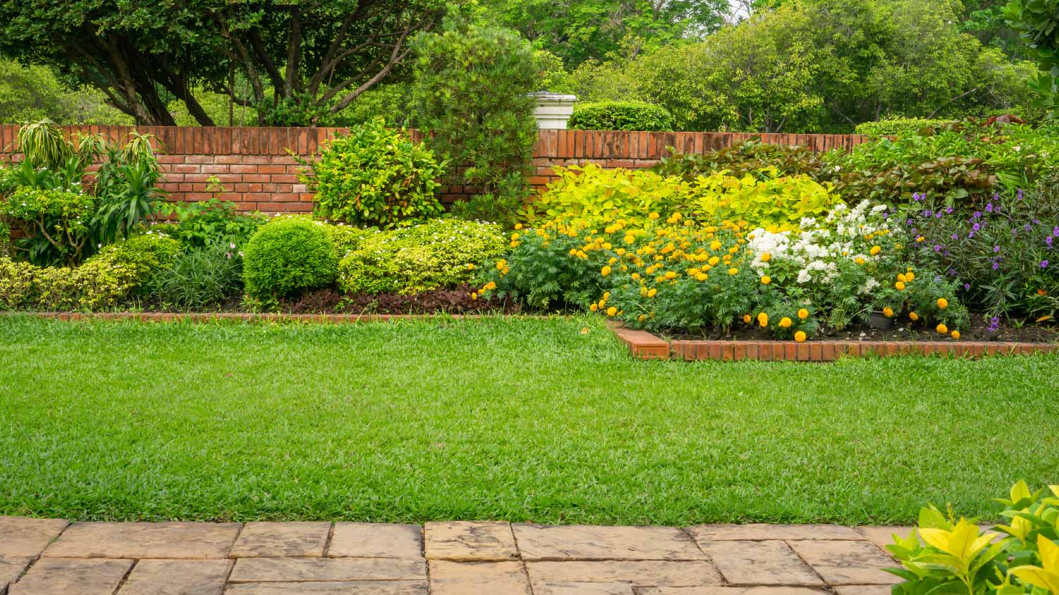 Cottage garden and green lawn