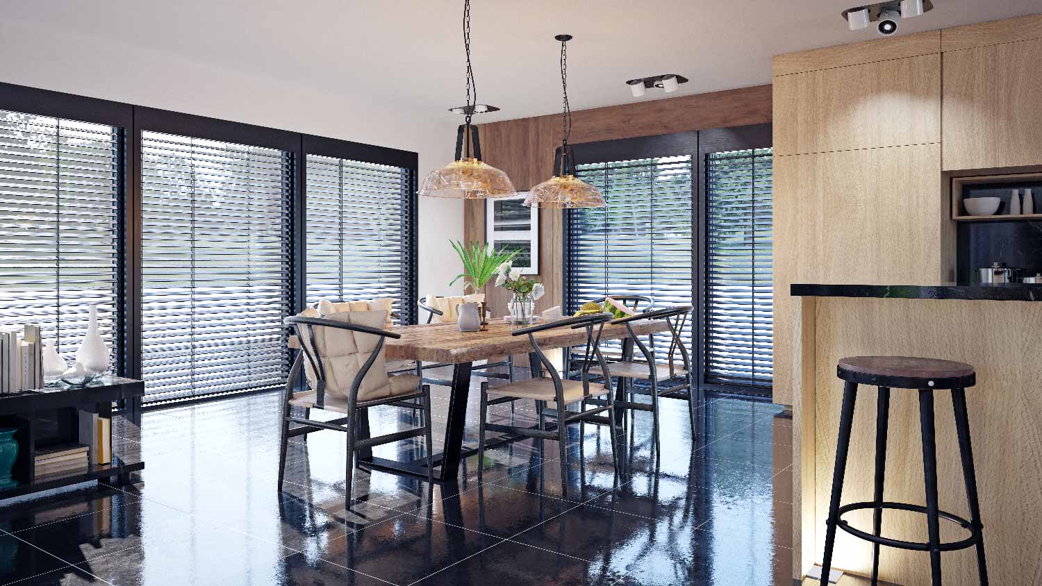 An open space living room with blinds on the windows