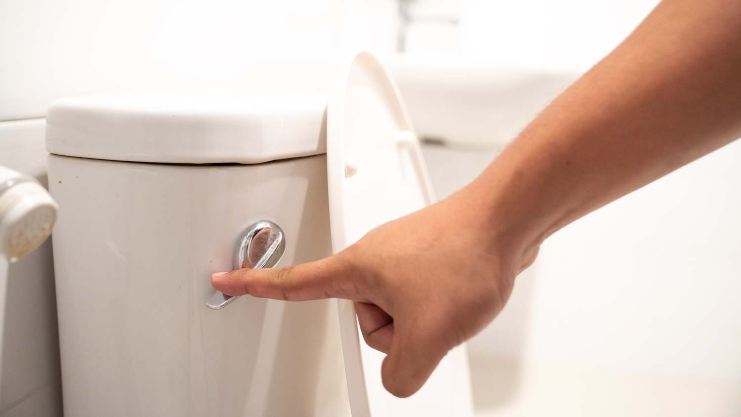 Hand flushing toilet in bathroom