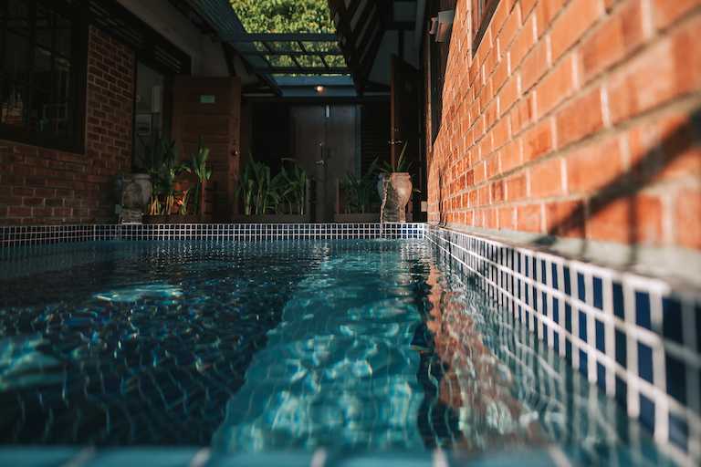 A swimming pool from a low angle view