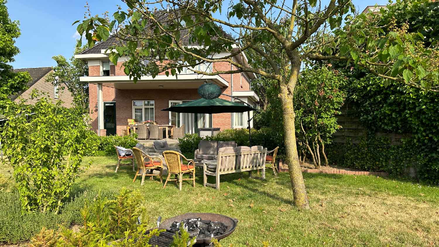 A house’s backyard with a beautiful garden
