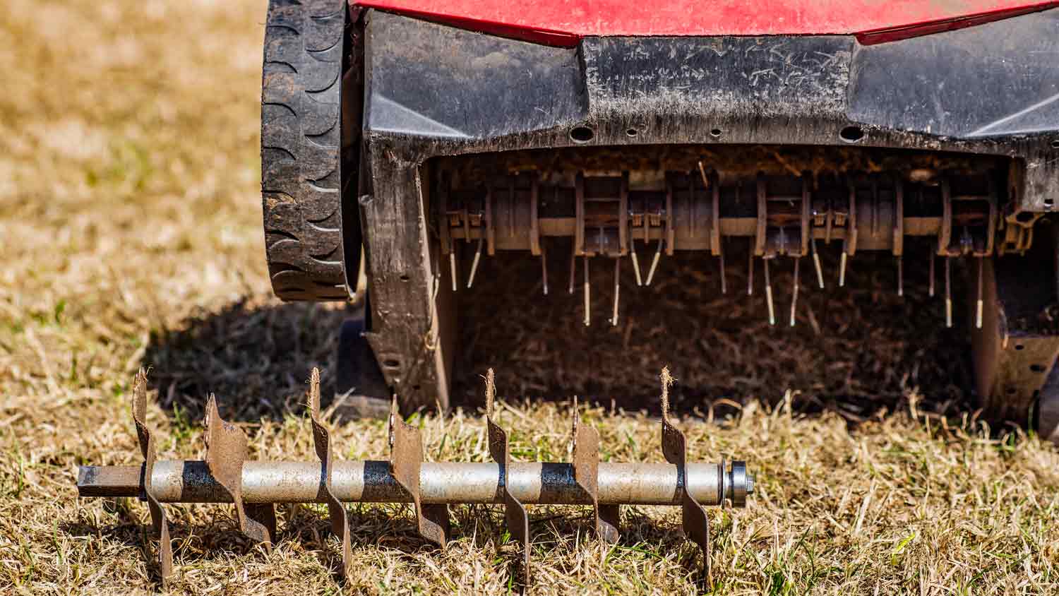 power raking machine on grass
