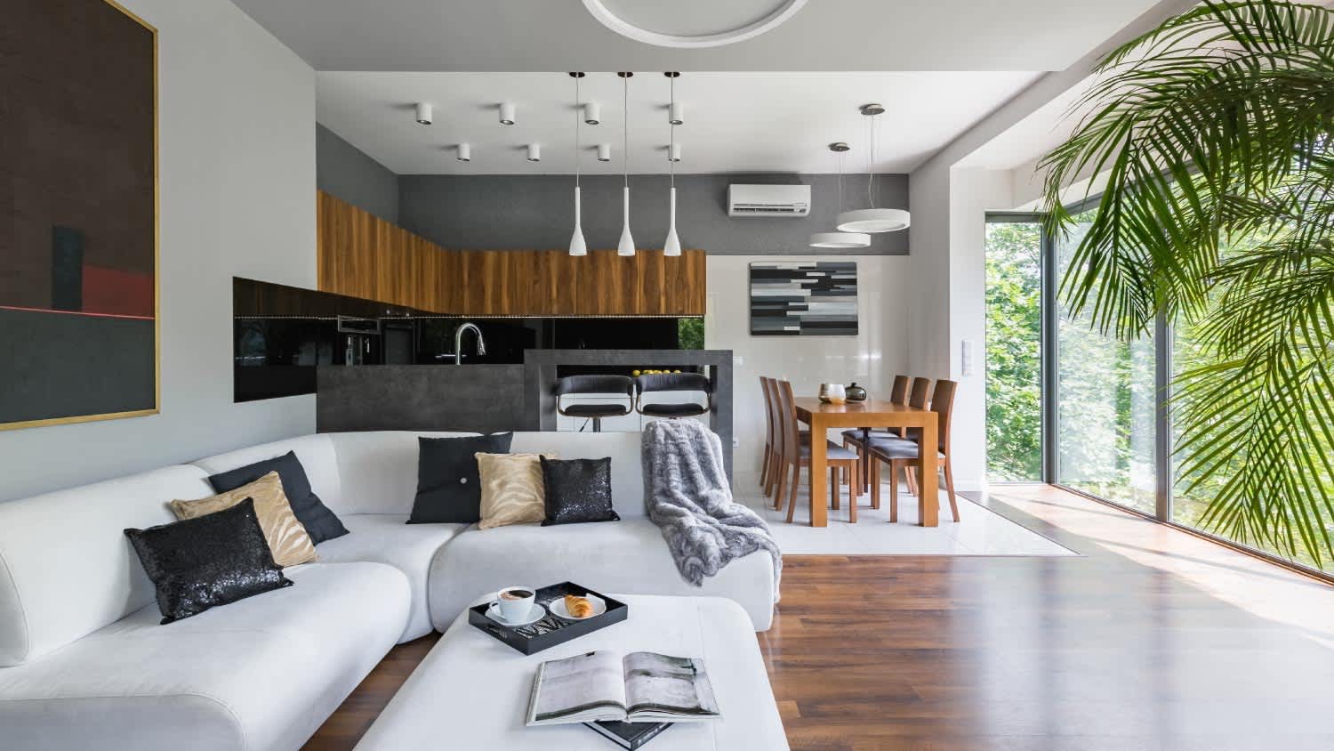Modern living room with kitchen and AC