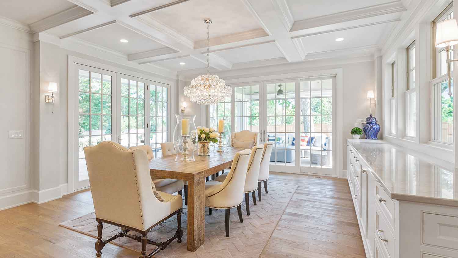 Crystal chandelier installed in the dining room