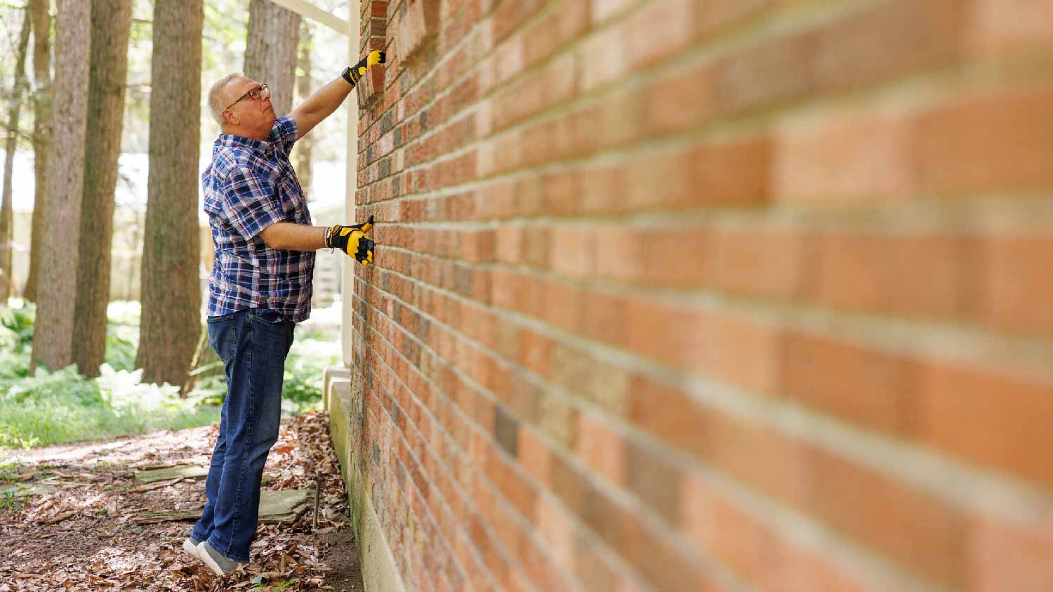 A man repairing an external brick wall