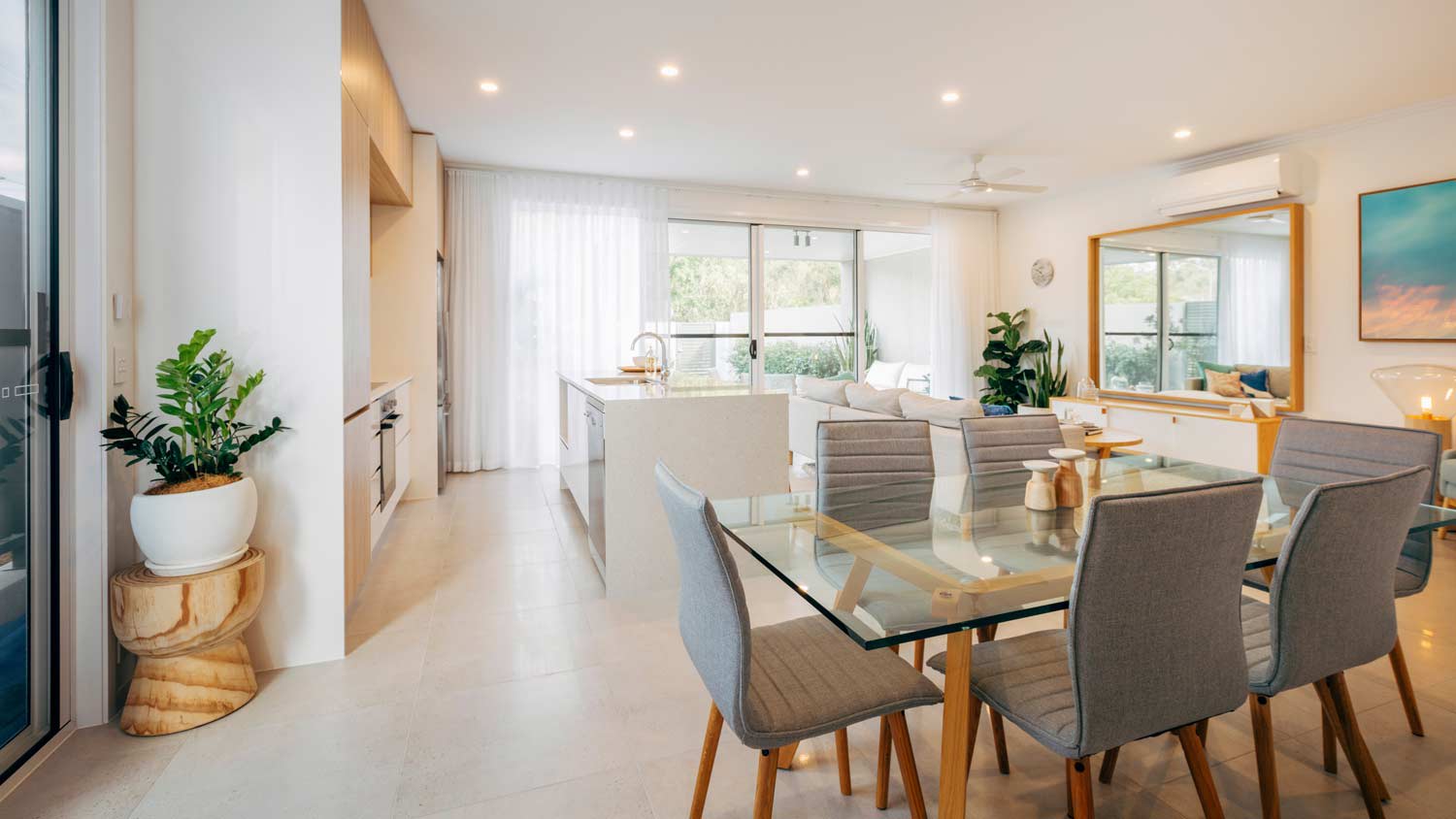 open plan kitchen with recessed lighting