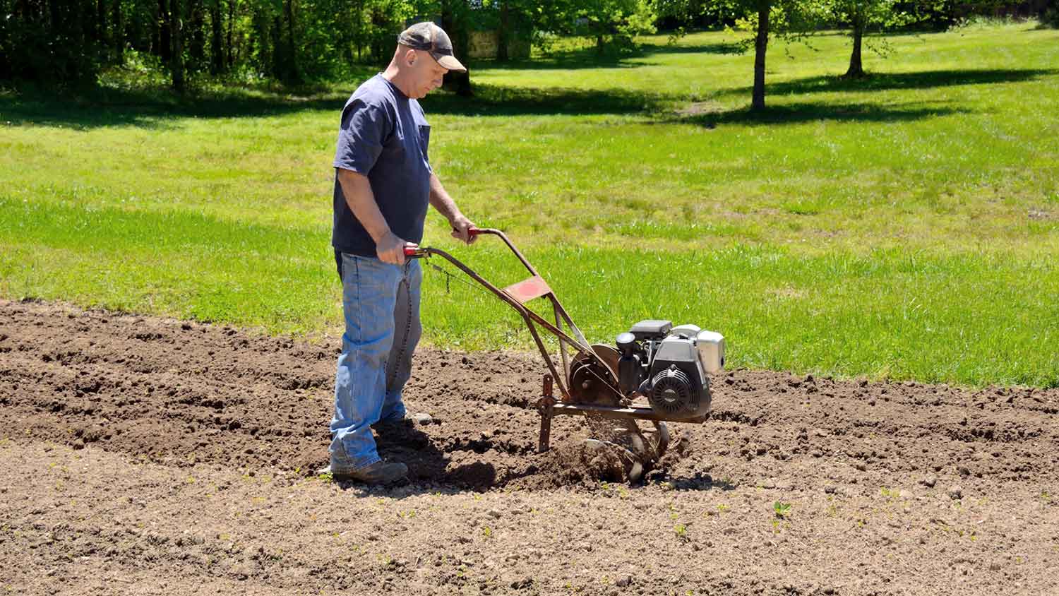 Man using tiller machine on the lawn