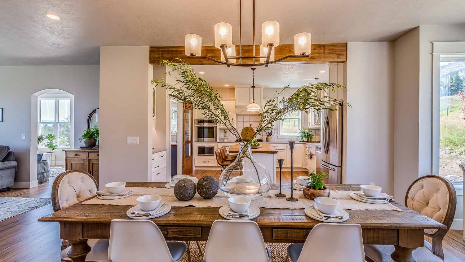 open plan dining room with chandelier