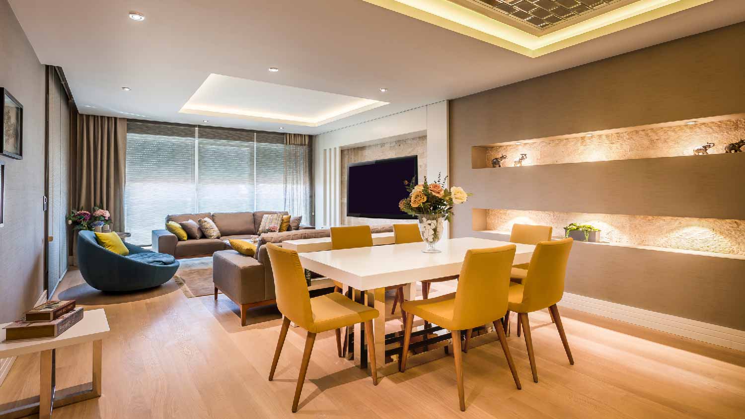 A living room with wafer lights