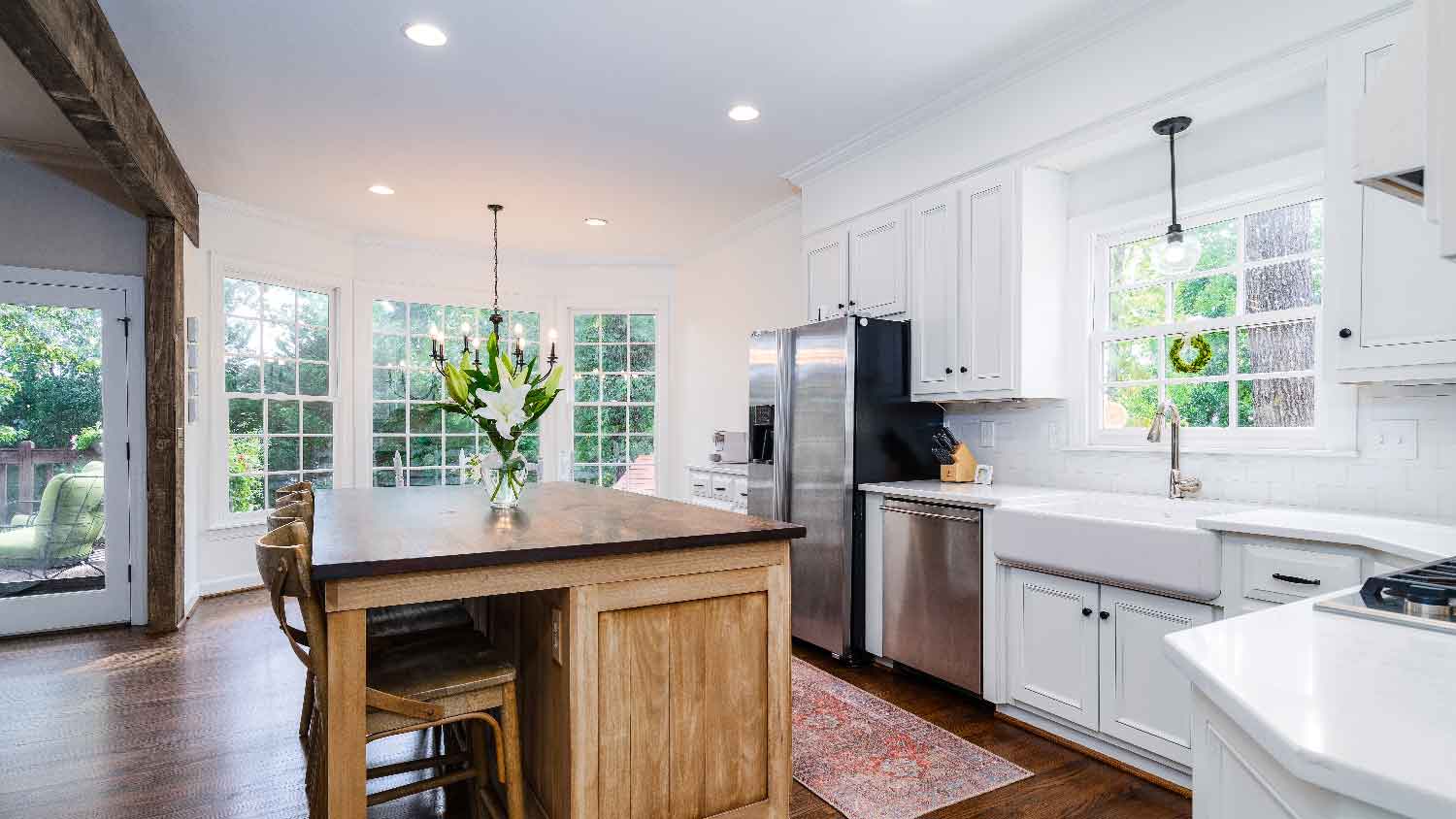 A spacious kitchen with recessed canless lighting