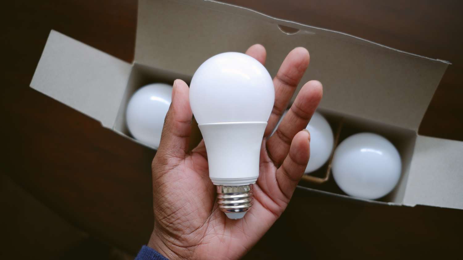 High angle view of unrecognizable black woman holding new LED light bulb