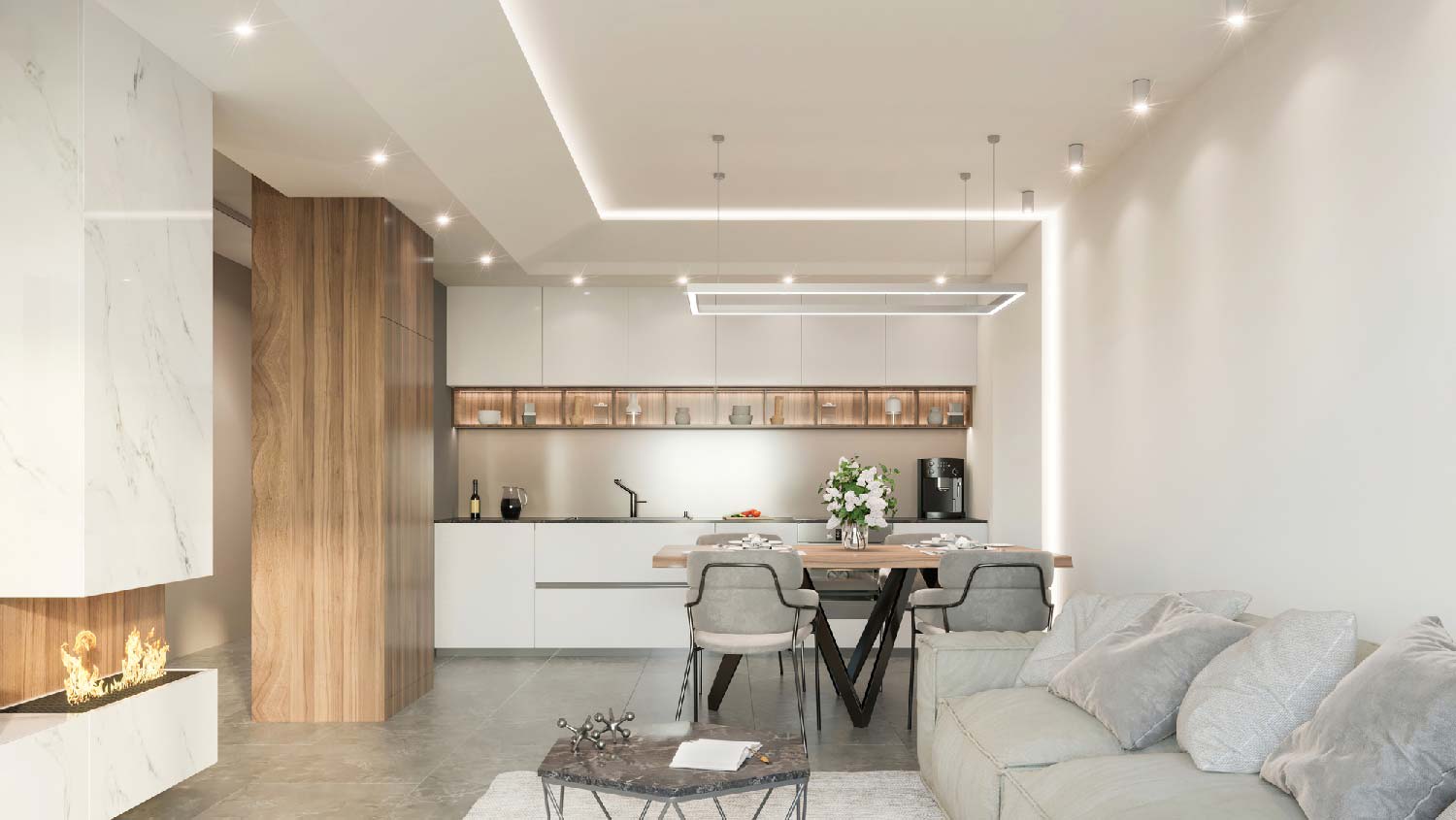 A modern space with a fixed track lighting
