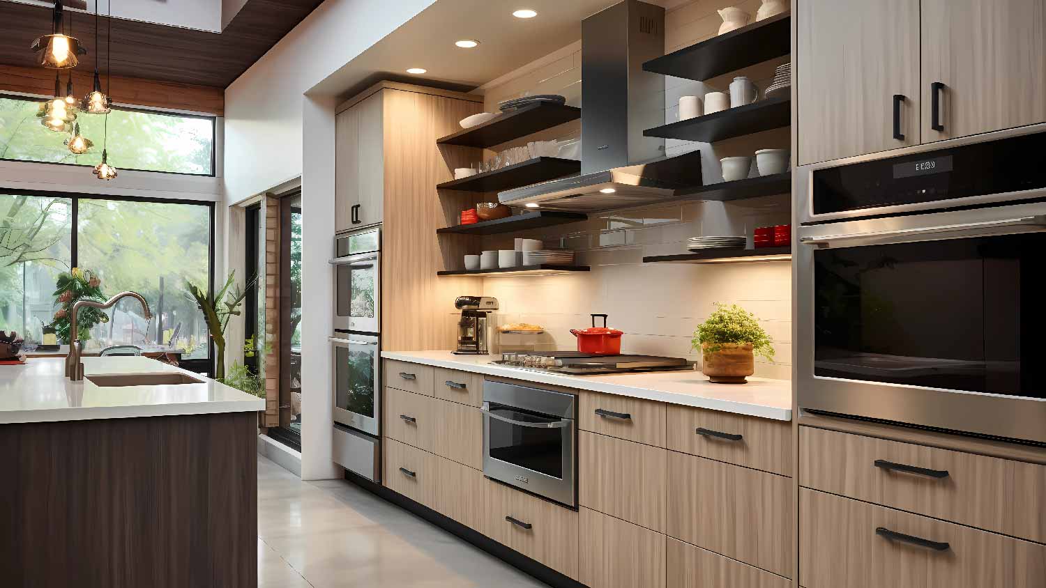 A spacious kitchen with melamine cabinets
