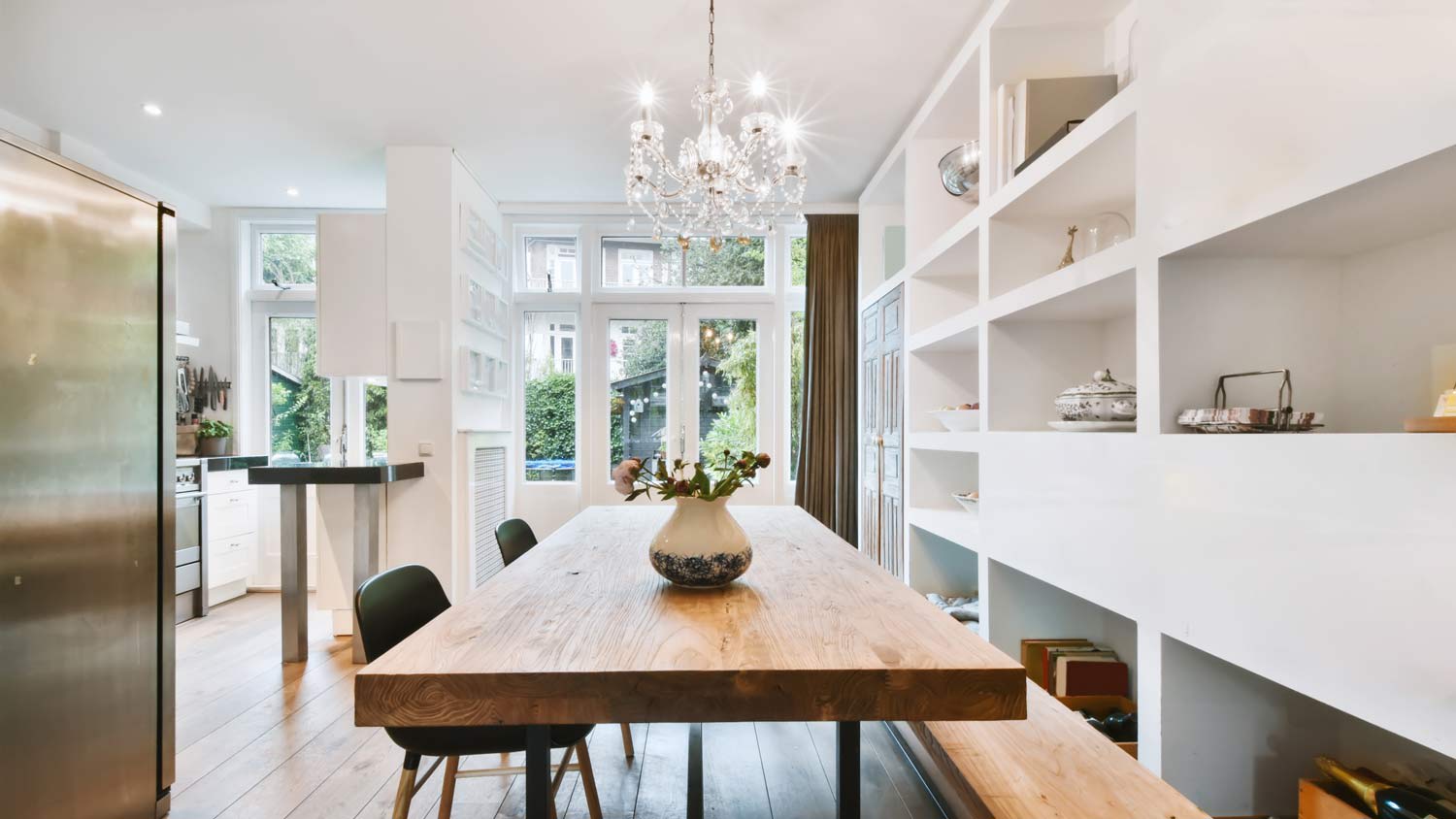 charming dining room with crystal chandelier