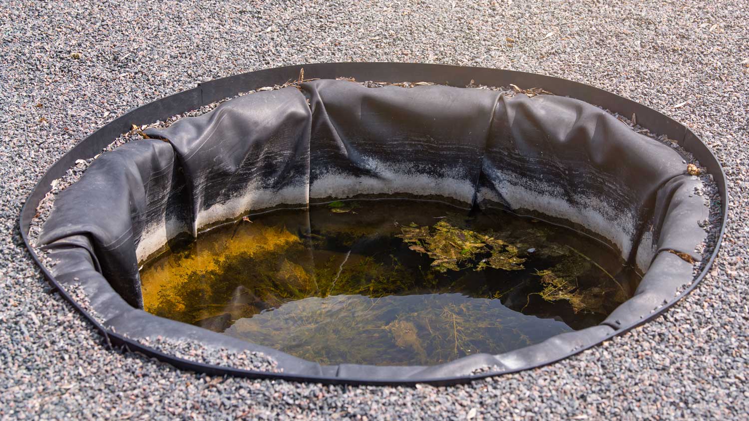 Artificial small pool in the garden for collecting rainwater and watering plants.