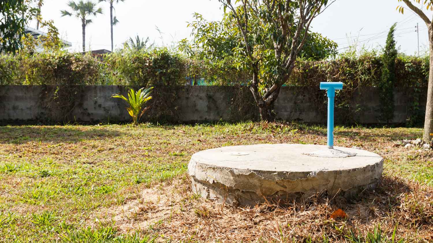 A cement cesspool in a house’s backyard