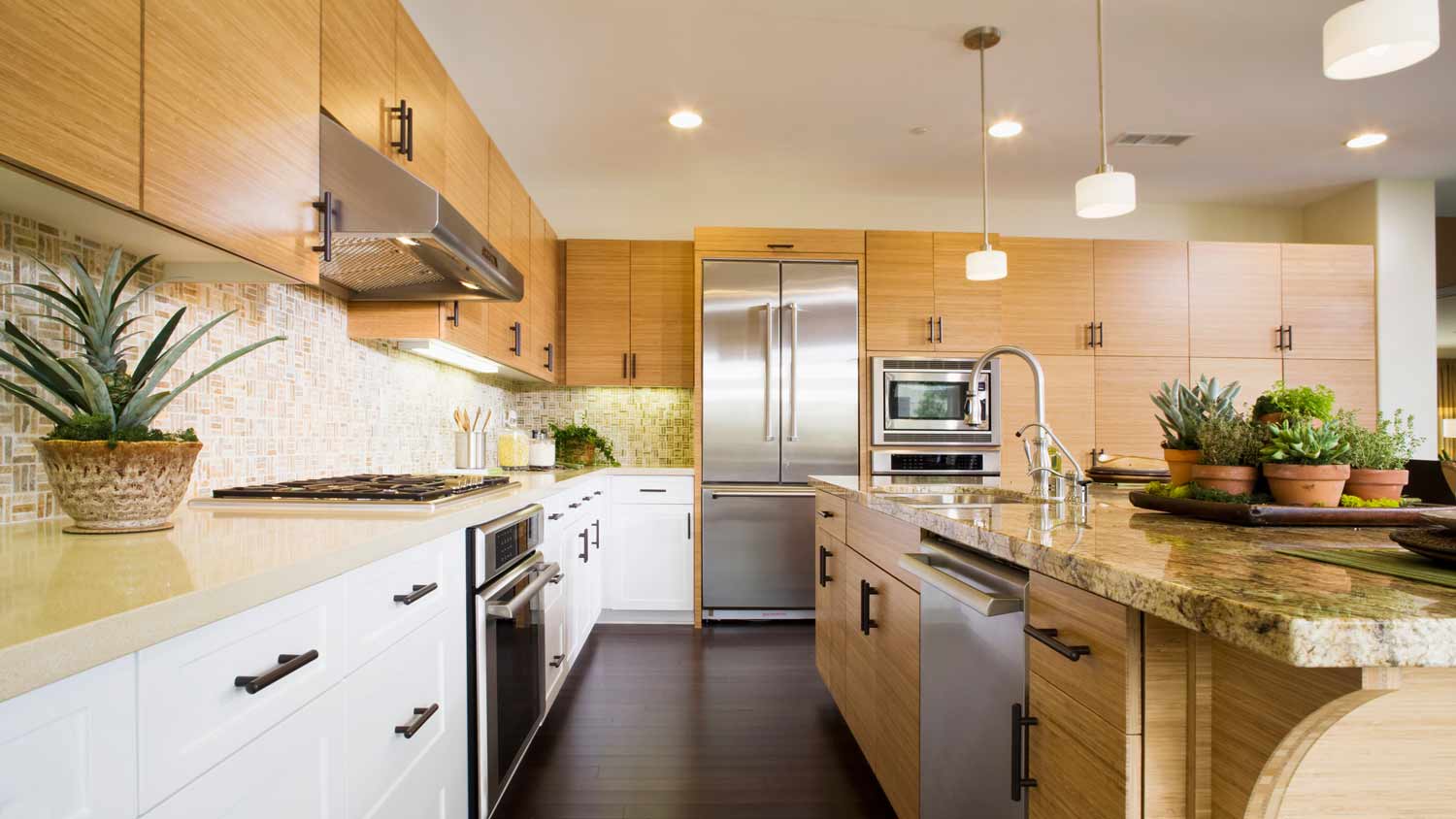 bamboo wood kitchen with recessed lights