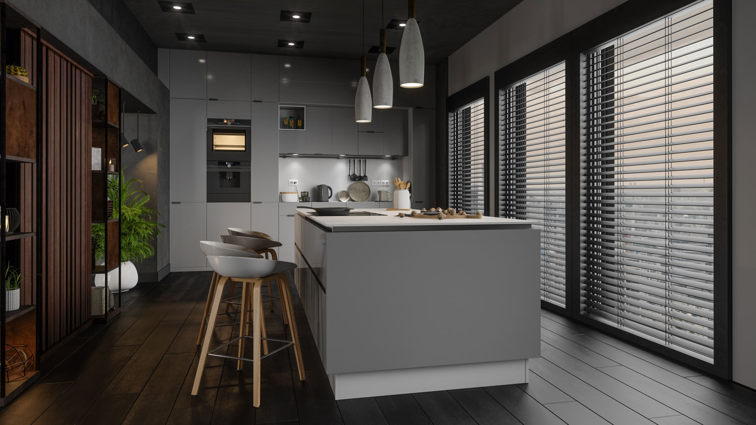 A modern kitchen with ambient lighting