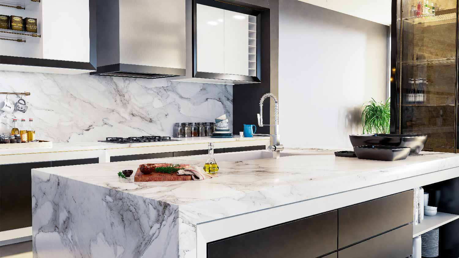 A kitchen with silestone countertop