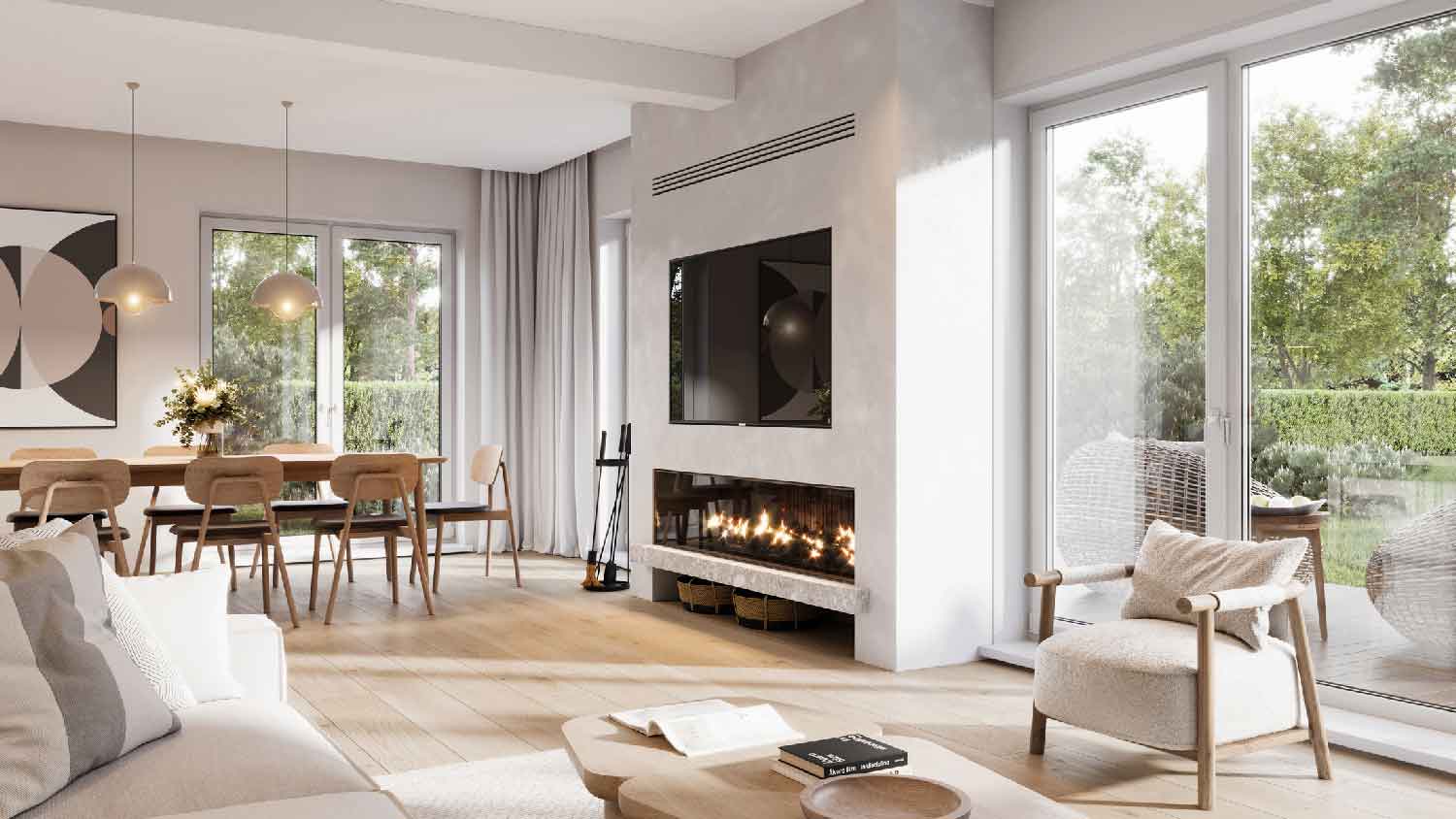 A spacious living room with a vent above the fireplace