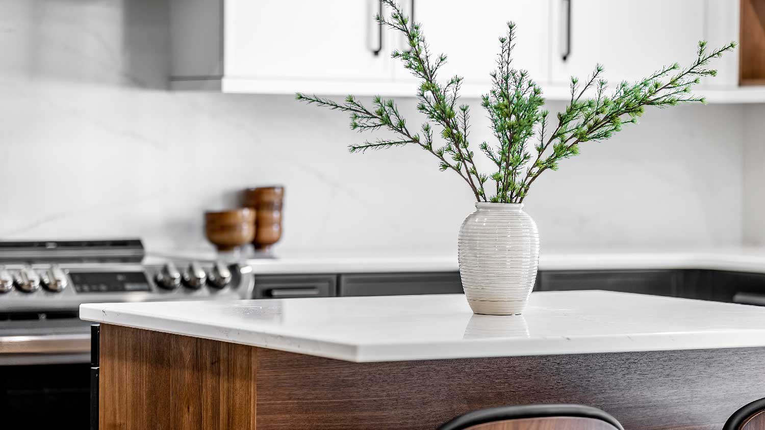 A white quartz countertop in a modern kitchen